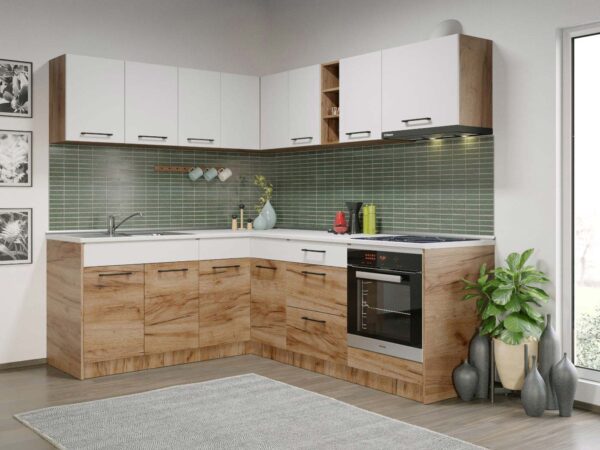 Set Mobila Bucatarie Colt Gastro 180*220 Alb/Stejar - C26